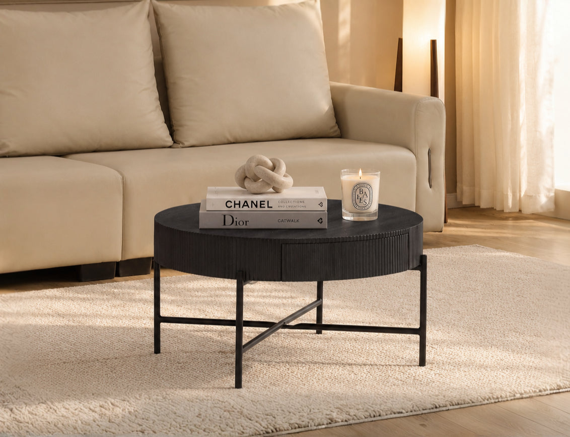 Round Coffee Table with Hidden Drawer – 32" – Black Ribbed