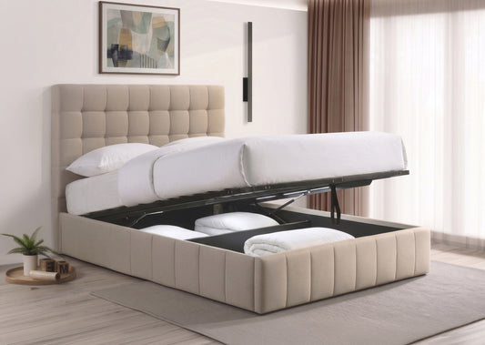 Channel-Tufted Lift Storage Bed – Ivory