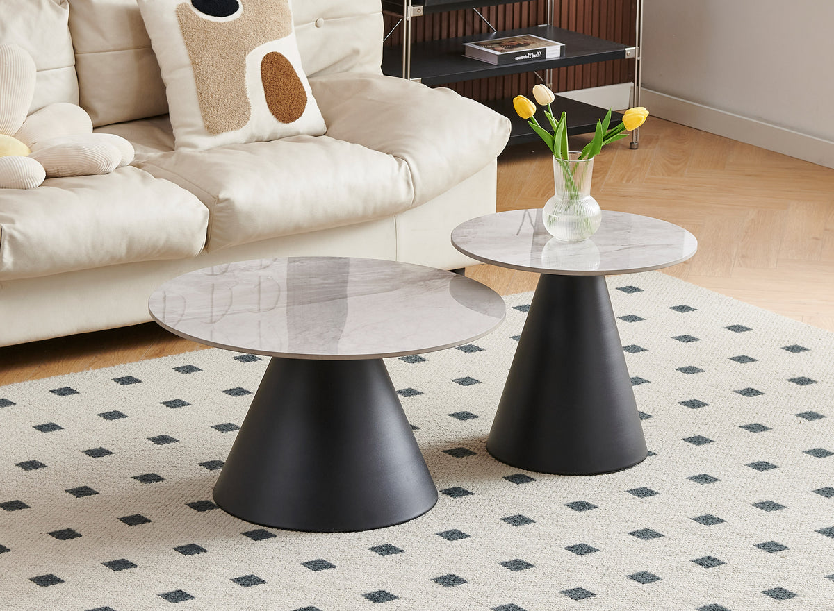 Round Sintered Stone 2-Piece Coffee Table Set – Pedestal Base – Armani Grey