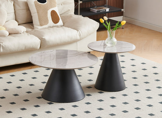 Round Sintered Stone 2-Piece Coffee Table Set – Pedestal Base – Armani Grey