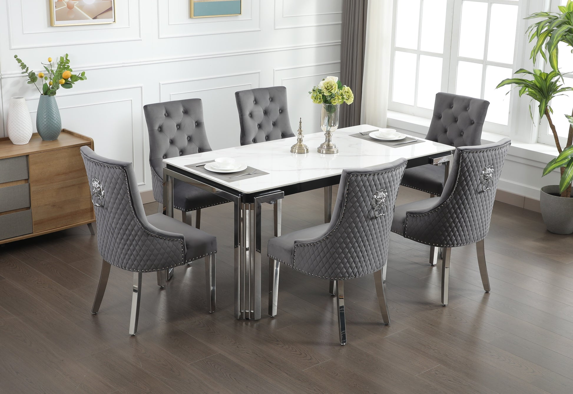 Ceramic Marble Table with Velvet Chairs – Four Color Options
