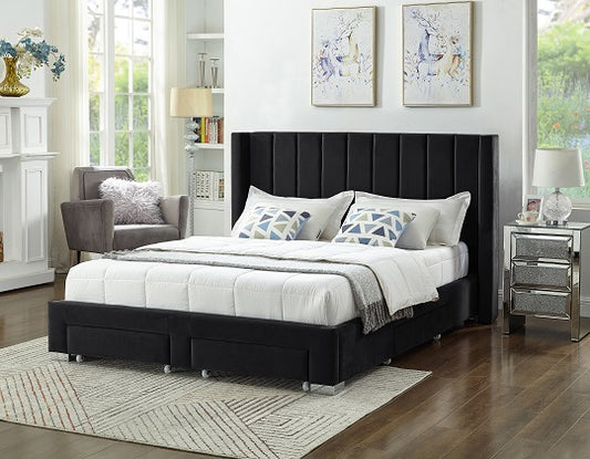Velvet Wingback Storage Bed with 4 Drawers – Black