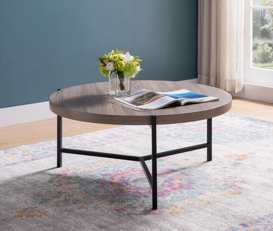 Round Grey Wood-Look Coffee Table – Open Metal Frame