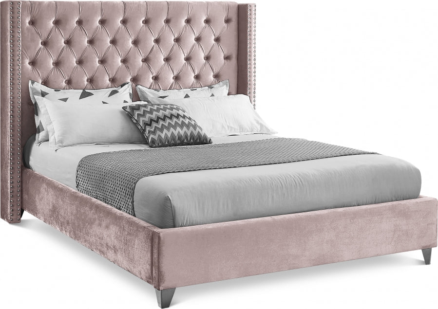 Button-Tufted Velvet Wingback Bed with Chrome Nailheads – Dusty Pink