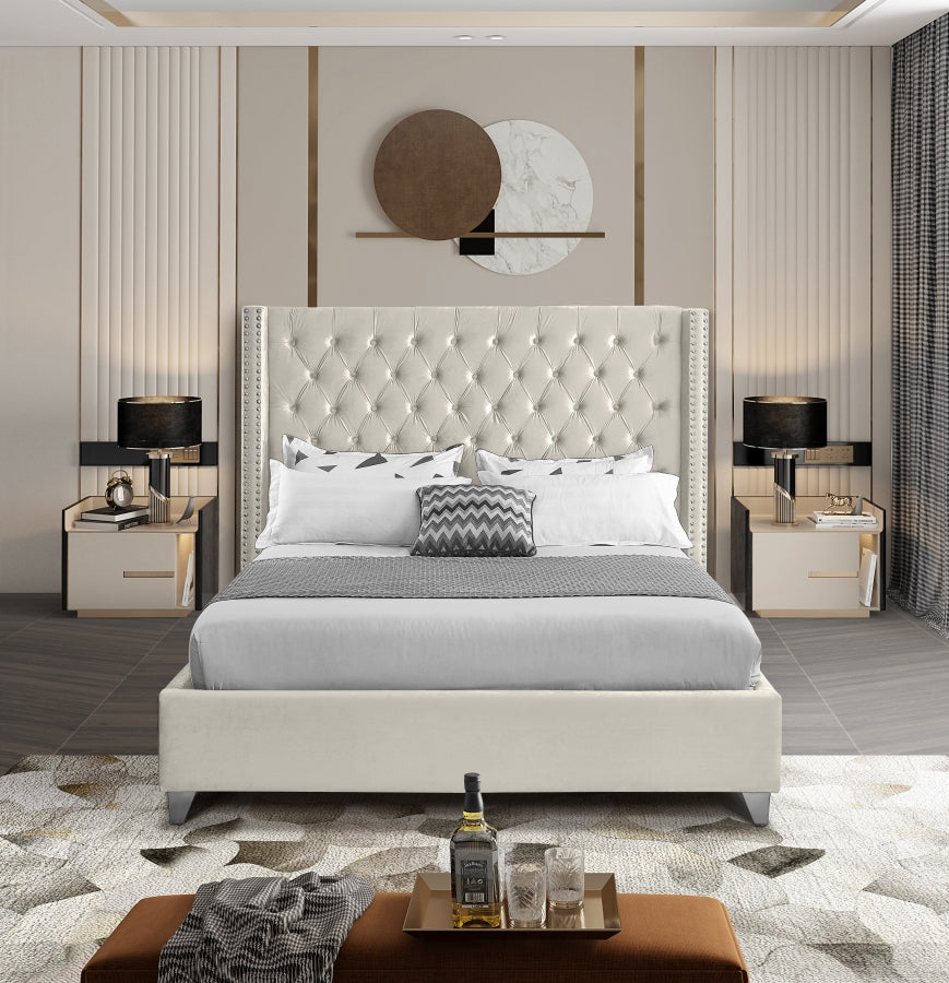 Button-Tufted Velvet Wingback Bed with Chrome Nailheads – Creme