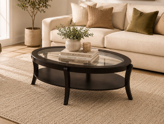 IF-2060 Modern Oval Coffee Table, Espresso Finish, Glass Top