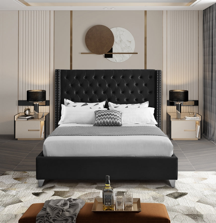 Button-Tufted Velvet Wingback Bed with Chrome Nailheads – Black