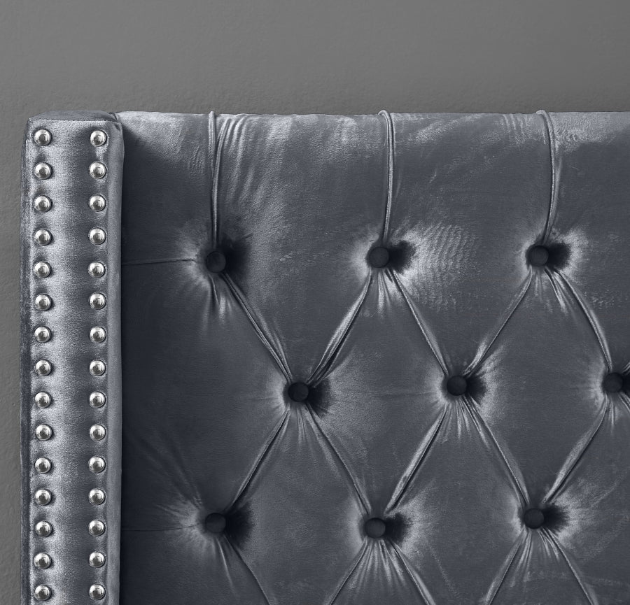 Button-Tufted Velvet Wingback Bed with Chrome Nailheads – Grey