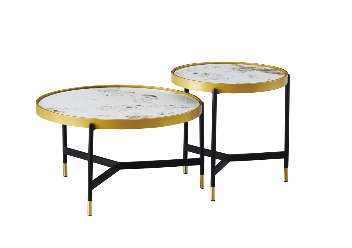 Pandora Stone Round Coffee Tables – Set of 2, Black and Gold