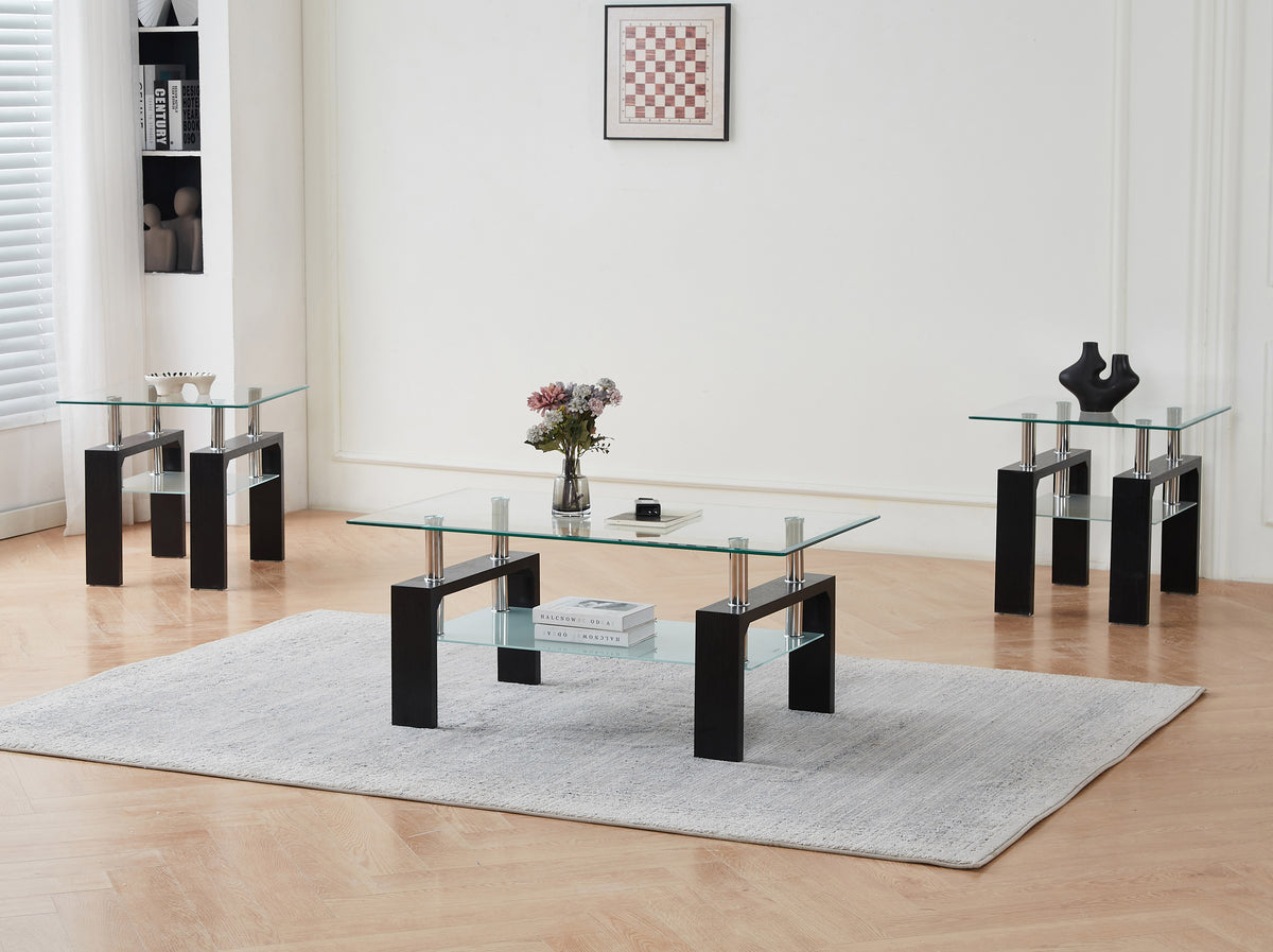Glass Top 3-Piece Coffee Table Set with Frosted Shelf – Glossy Black
