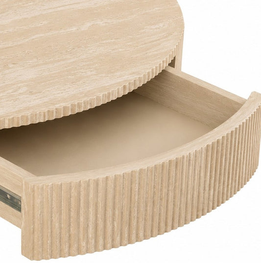 Round Coffee Table with Hidden Drawer – 32" – Beige Travertine