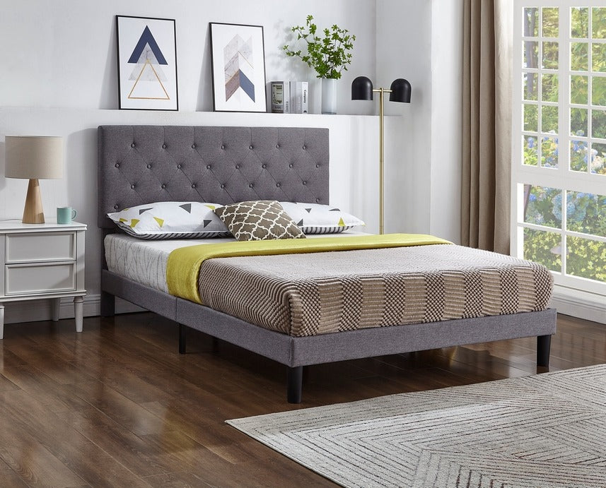 Button-Tufted Adjustable Headboard Bed – Grey Fabric
