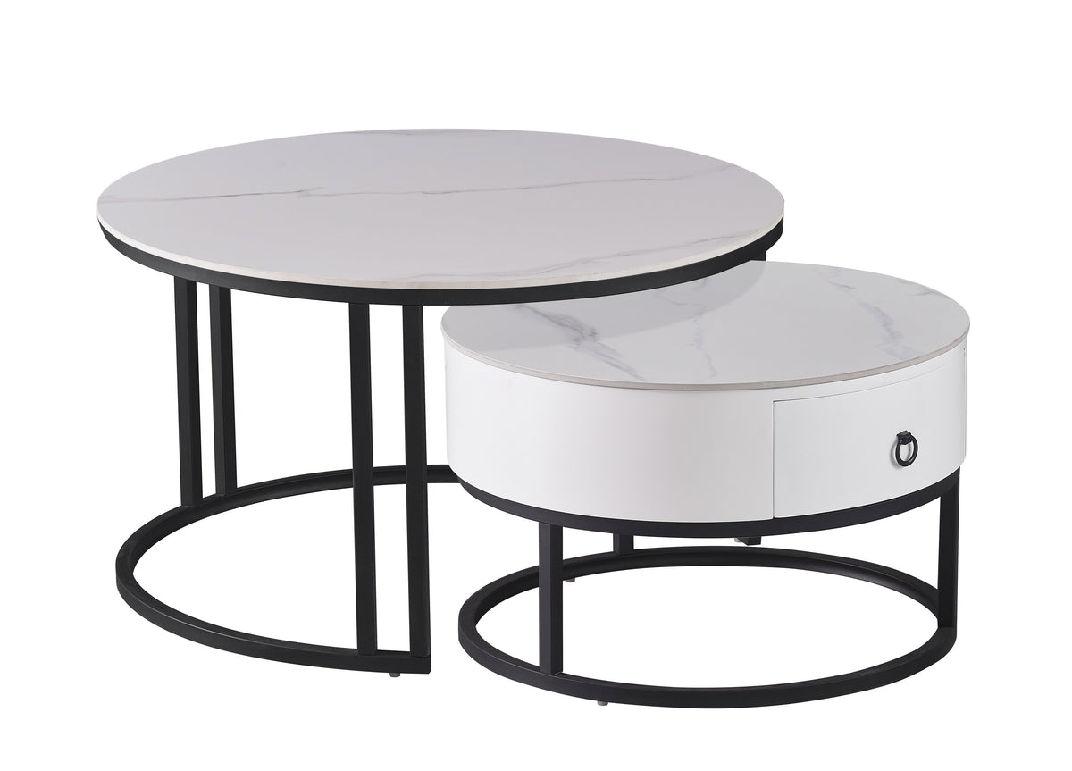 Round Stone Coffee Tables with Storage Drawer – Set of 2 – Calacatta White