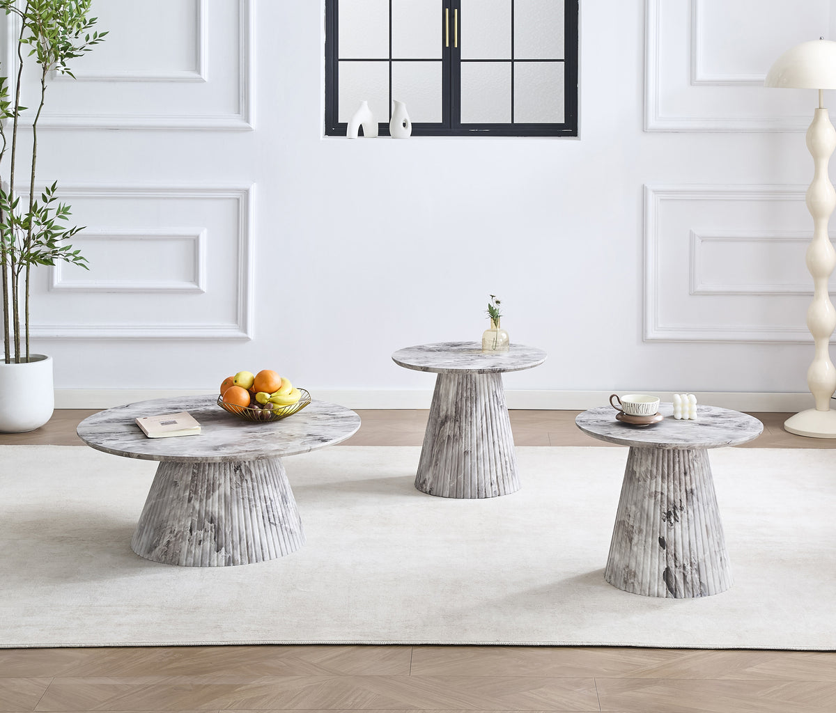 Round Grey Marble-Look Coffee Table Set with Fluted Cone Base
