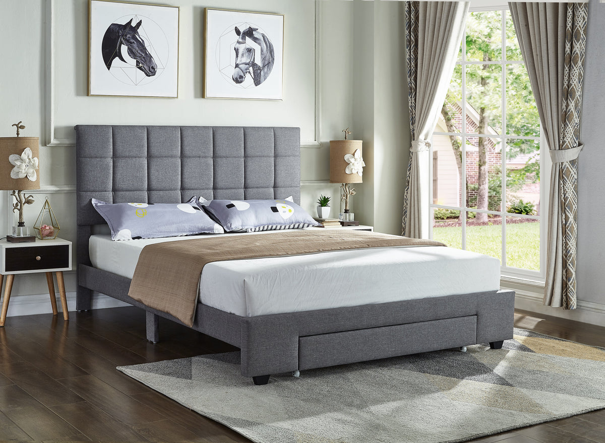 Square-Tufted Upholstered Bed – Grey Fabric