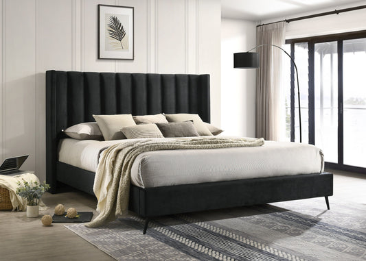 Deep-Tufted Velvet Wingback Bed – Black