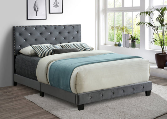 Adjustable Velvet Bed with Nailhead & Rhinestone Trim – Grey