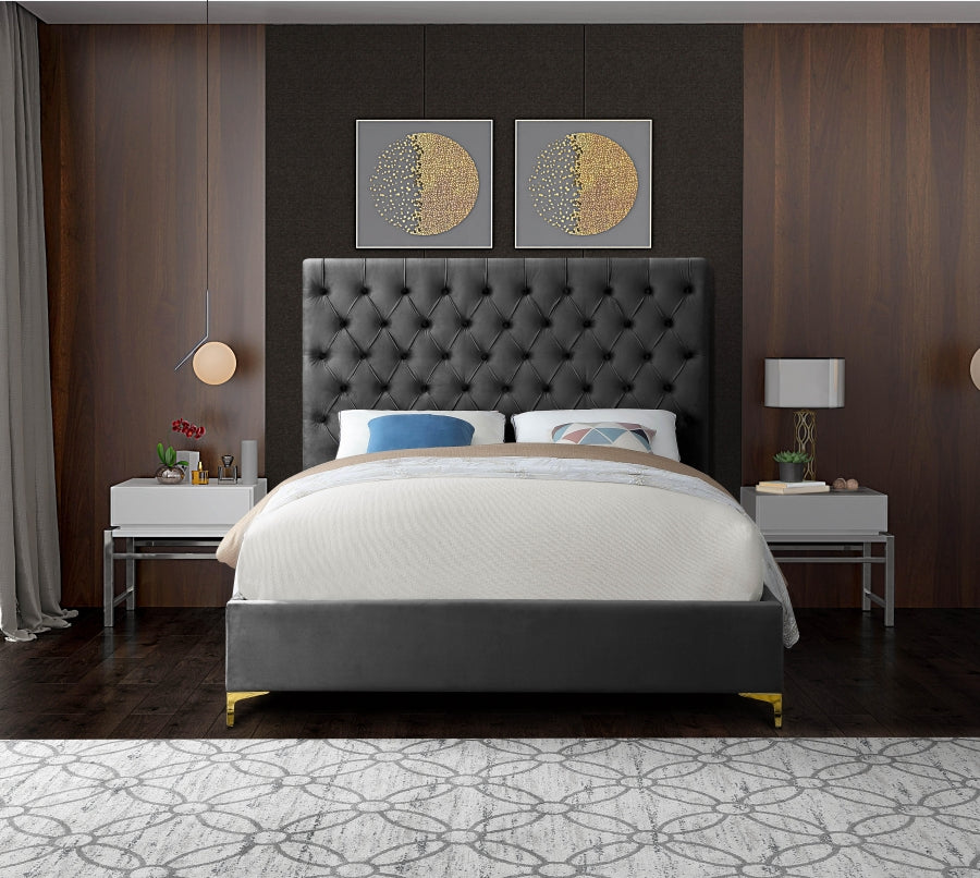 Deep Button-Tufted Velvet Bed with Chrome & Gold Legs – Grey