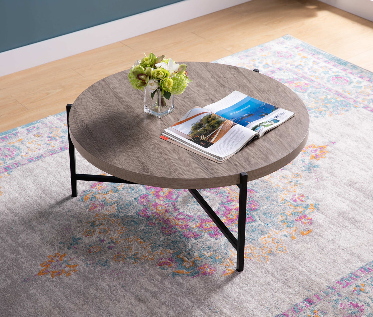 Round Grey Wood-Look Coffee Table – Open Metal Frame