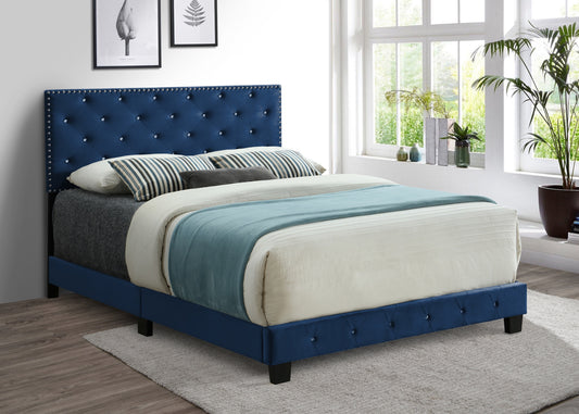 Adjustable Velvet Bed with Nailhead & Rhinestone Trim – Blue