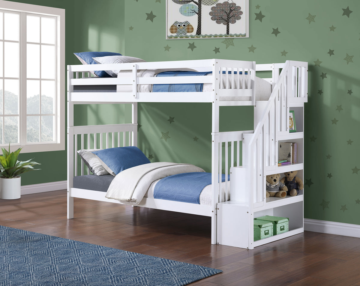 Mission Bunk Bed with Reversible Staircase – White Single/Single