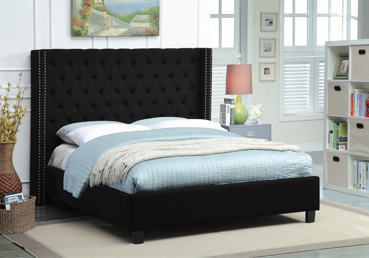 Button-Tufted Wingback Bed with Nailheads – Black Fabric