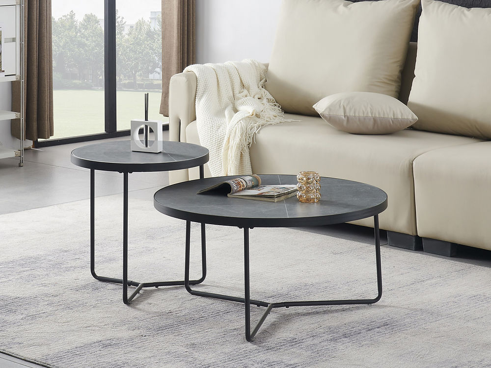 IF-2621 Coffee Table Set Armani Grey Marble Black Steel
