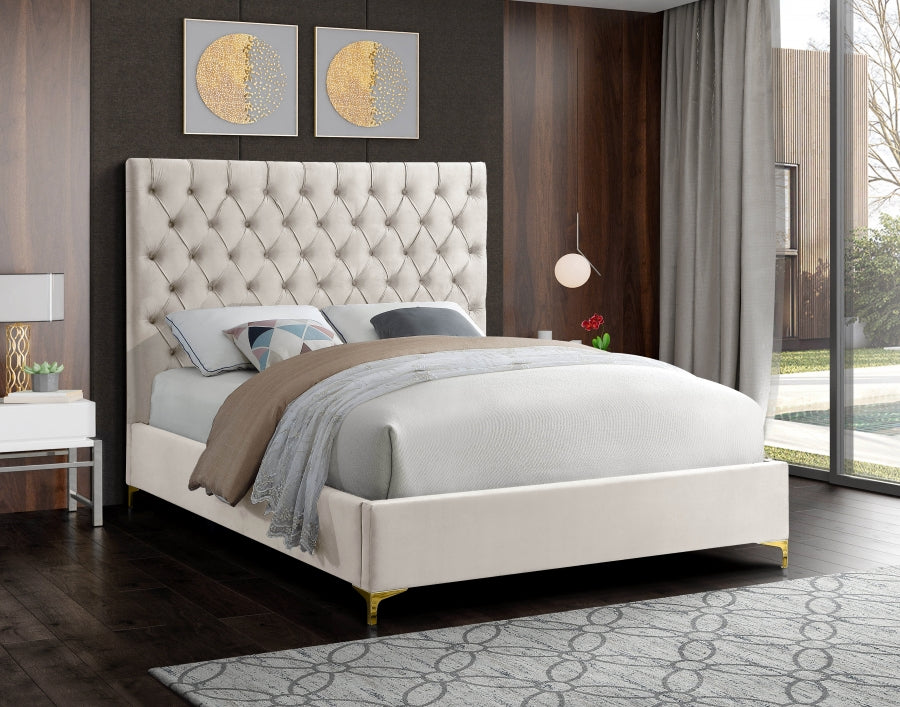 Deep Button-Tufted Velvet Bed with Chrome & Gold Legs – Creme