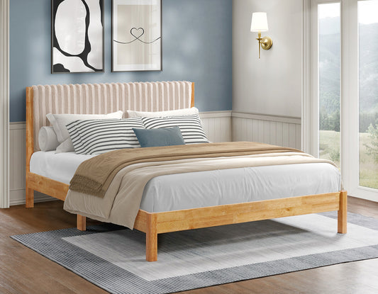 Solid Wood Bed with Channel-Tufted Headboard – Natural & Beige
