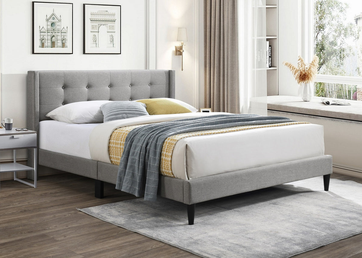 Button-Tufted Wingback Bed – Grey Fabric