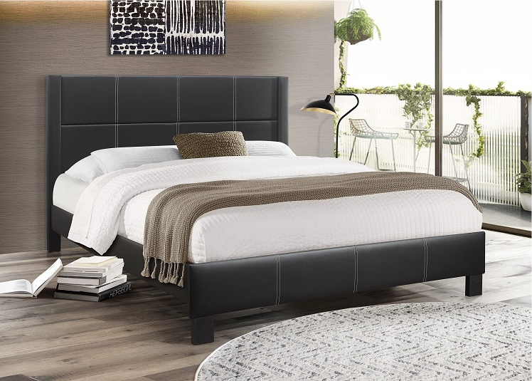 Upholstered Bed with Contrast Stitching – Black Faux Leather