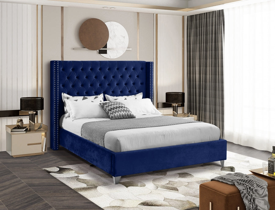 Button-Tufted Velvet Wingback Bed with Chrome Nailheads – Blue