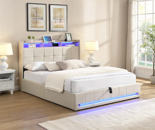 Smart Lift Storage Bed with LED, Charging & Headboard Shelf – Cream