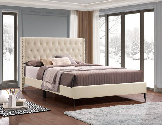 Diamond-Tufted Wingback Bed with Nailheads – Creme Velvet