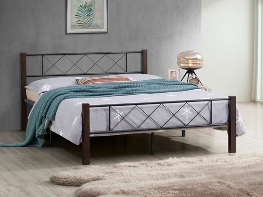 Black Steel Bed with Espresso Wood Posts – Low Profile