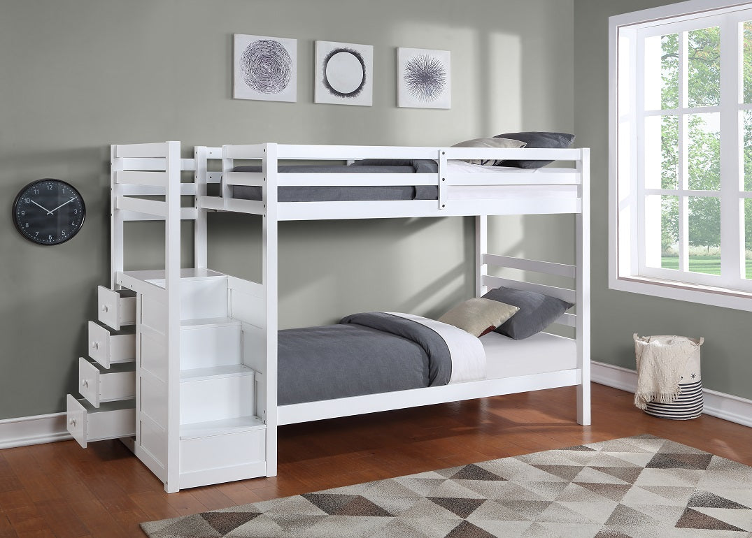 Staircase Bunk Bed with Storage Steps – White Single/Single