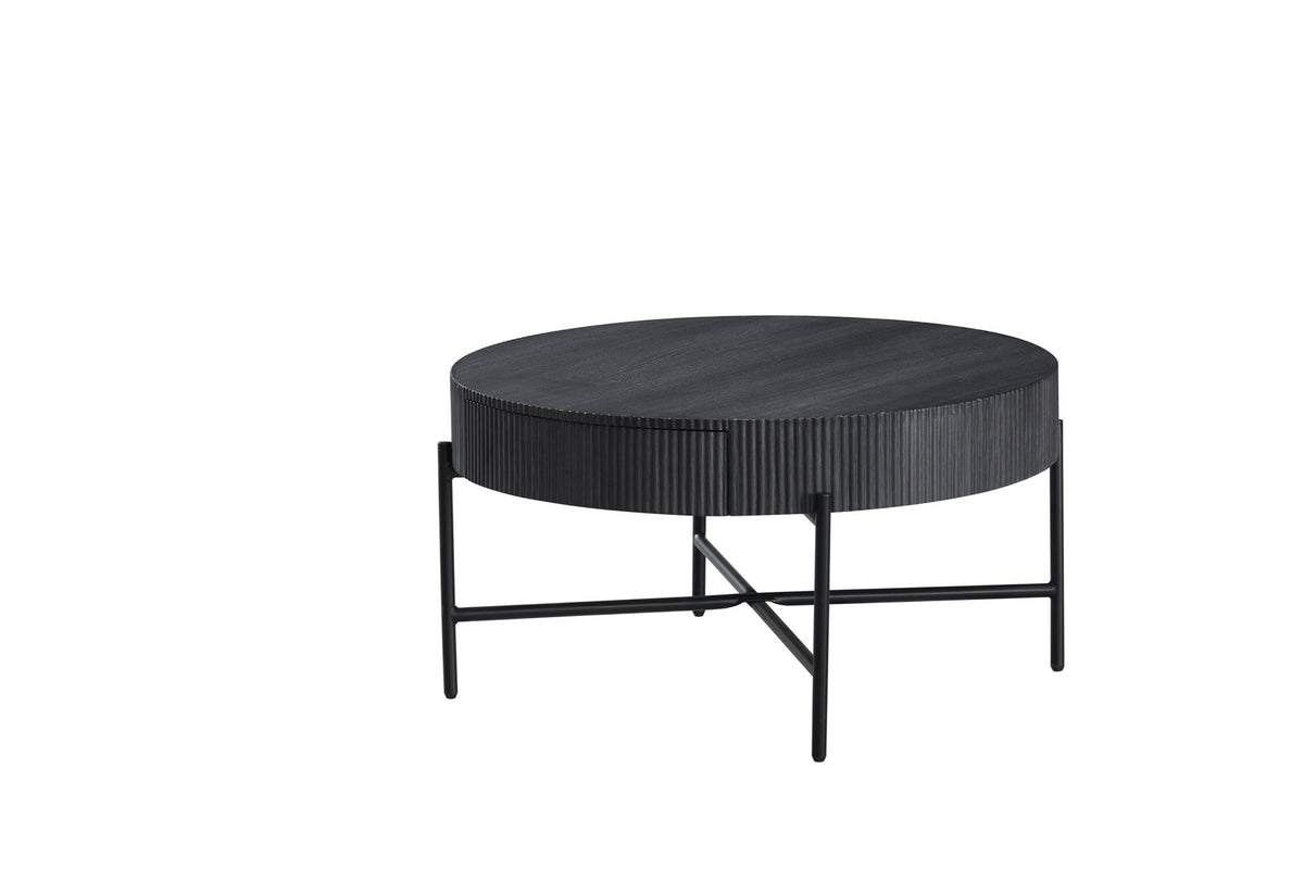 Round Coffee Table with Hidden Drawer – 32" – Black Ribbed