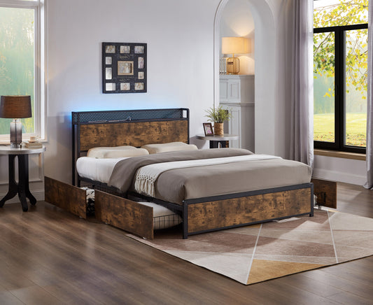 Smart Wood & Metal Storage Bed with LED & Charging