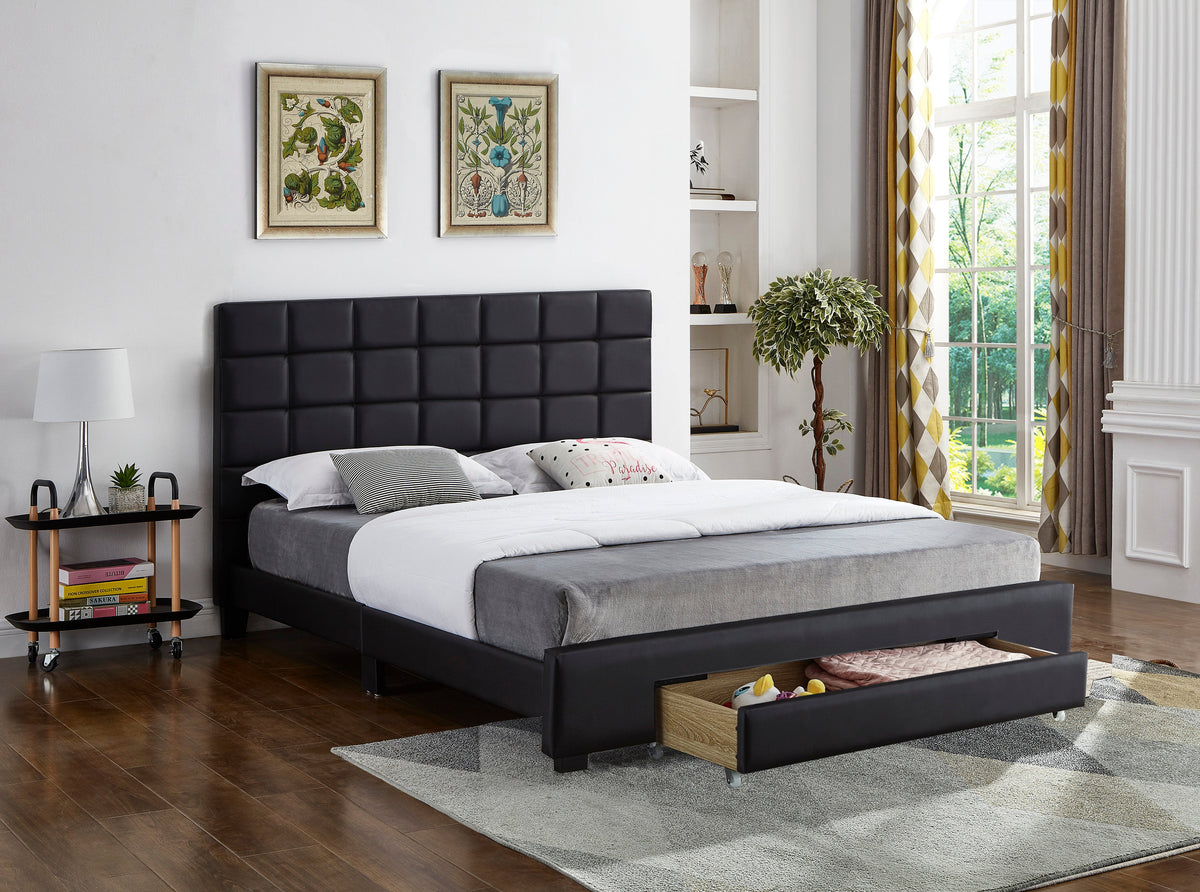 Square-Tufted Upholstered Bed – Black Faux Leather
