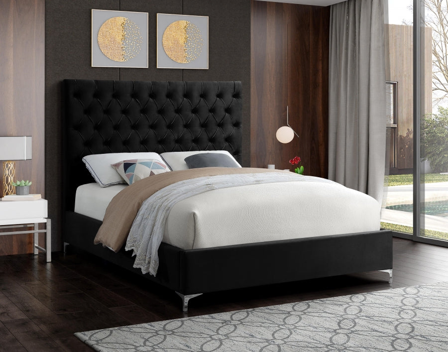 Deep Button-Tufted Velvet Bed with Chrome & Gold Legs – Black
