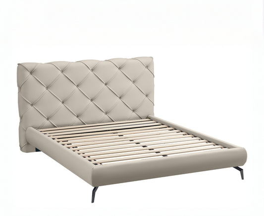Diamond-Stitched Faux Leather Bed – Creme