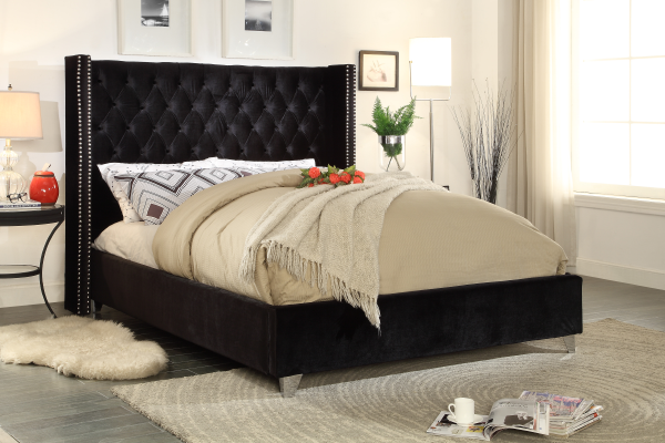 Button-Tufted Velvet Wingback Bed with Chrome Nailheads – Black