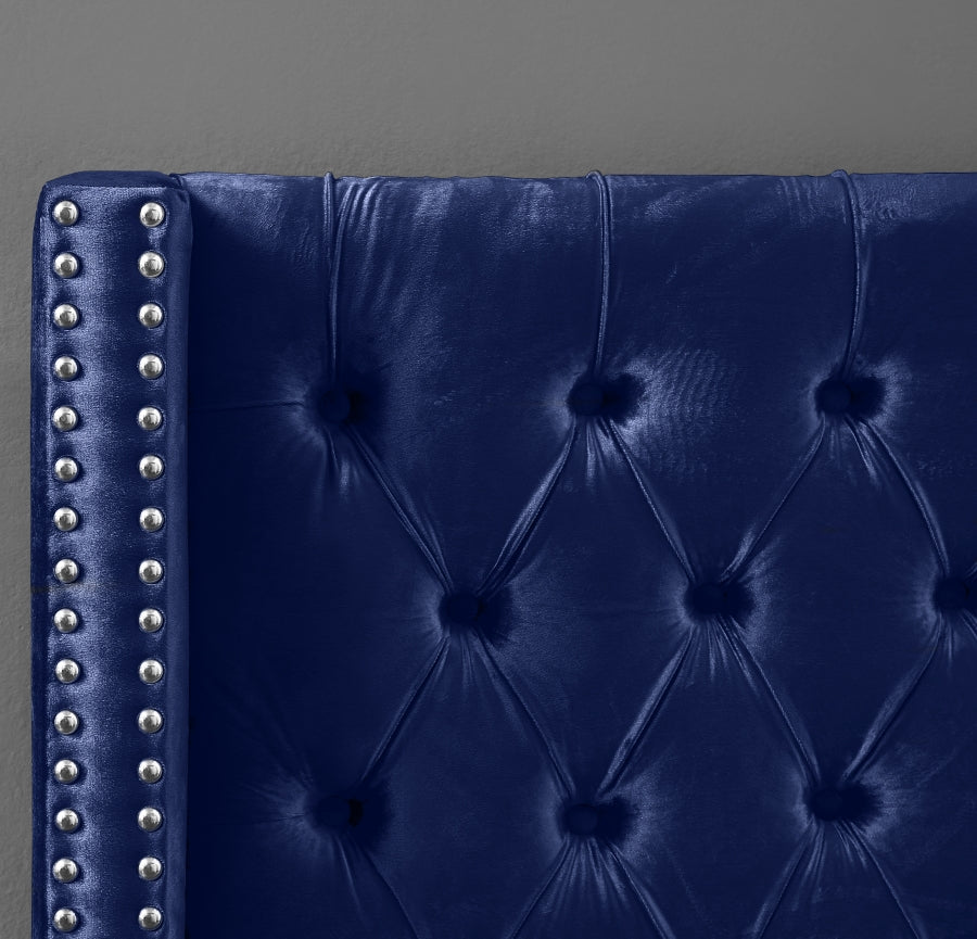Button-Tufted Velvet Wingback Bed with Chrome Nailheads – Blue