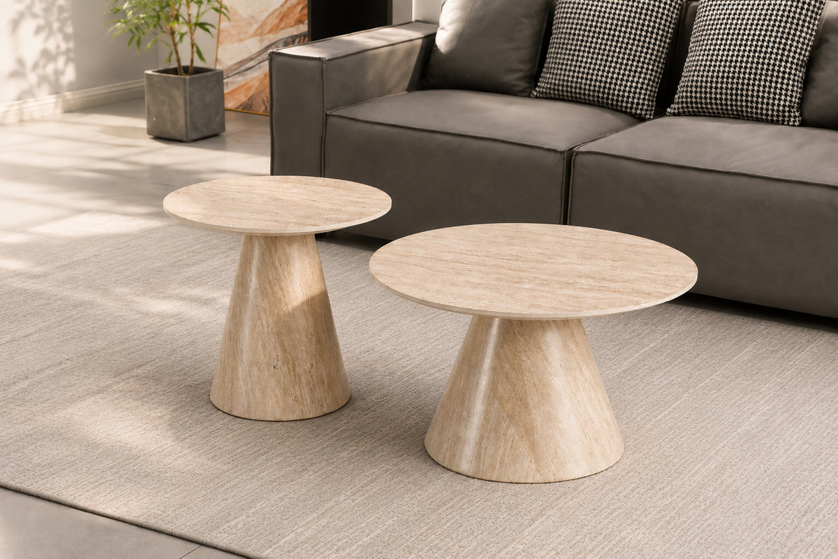 Round Sintered Stone 2-Piece Coffee Table Set – Pedestal Base – Light Travertine