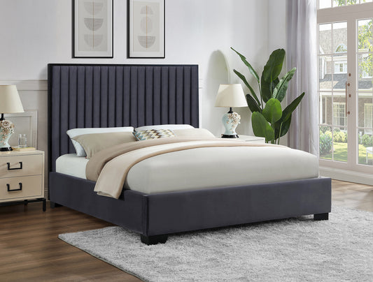 Channel-Tufted Velvet Bed with Black Metal Trim – Grey