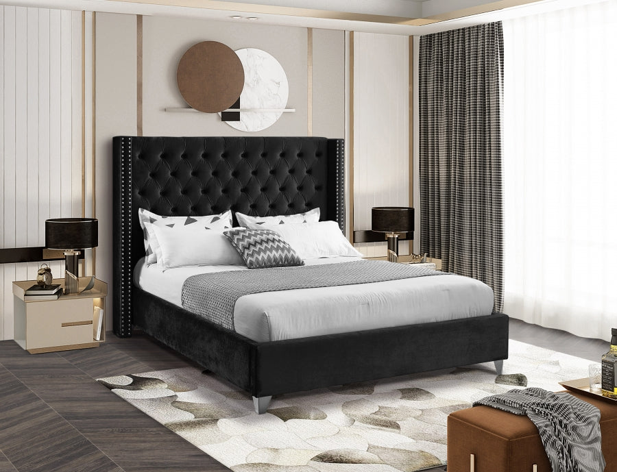 Button-Tufted Velvet Wingback Bed with Chrome Nailheads – Black