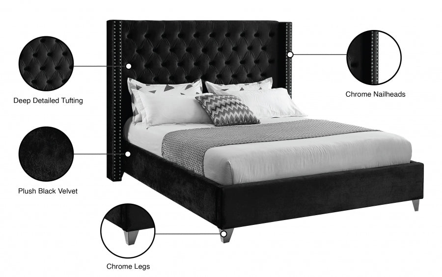 Button-Tufted Velvet Wingback Bed with Chrome Nailheads – Black