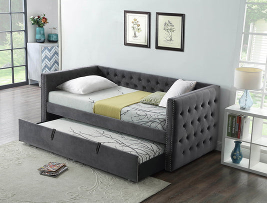 Tufted Velvet Daybed with Pull-Out Trundle – Grey