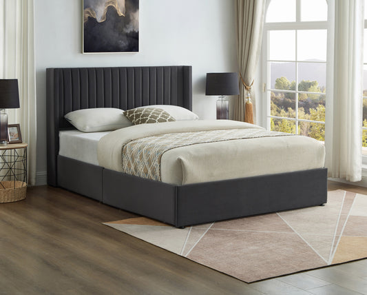 Stitched Velvet Wingback Bed with 4 Mesh Drawers – Grey