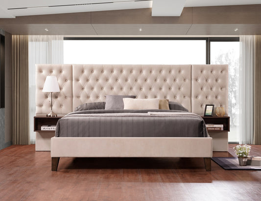 Diamond-Tufted Velvet Bed with Floating Nightstands – Beige
